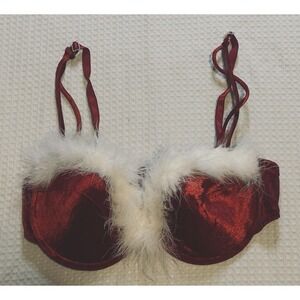 Red Velvet Faux Fur Trim Holiday Bra Size 36C Santa Baby Underwire Adjustable